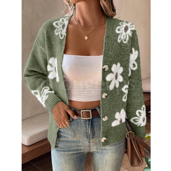 Green Cardigan Knit Flower Textured Button Front Stretchy, Soft - Picture 2 of 9